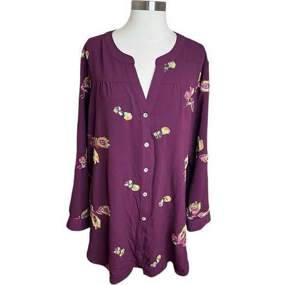 Fig & Flower Tunic Top Womens 2X Plum Embroidered Boho Whimsical - Picture 1 of 10